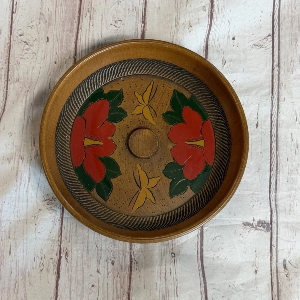 Antique Carved Wood Hand Turned Lacquered Snack Bowl
